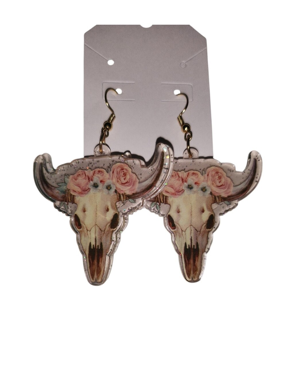 Floral Bull Skull Acrylic Dangle Earrings - Pink & Cream